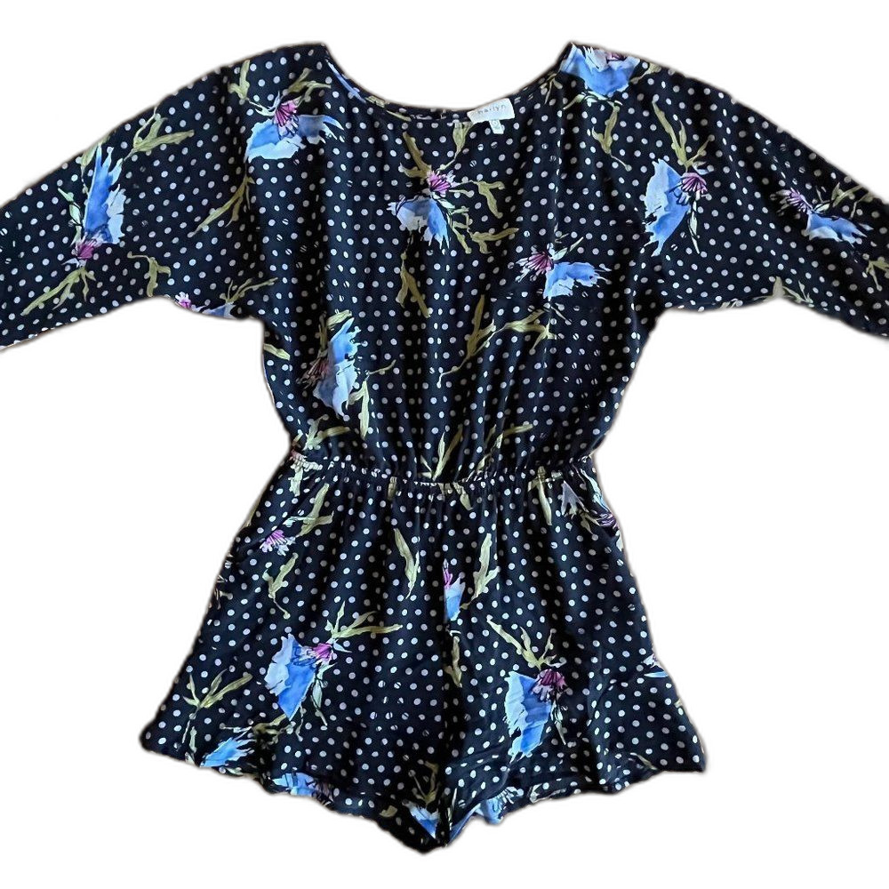 Anthropologie Black Polka Dot Romper with Blue Floral Print